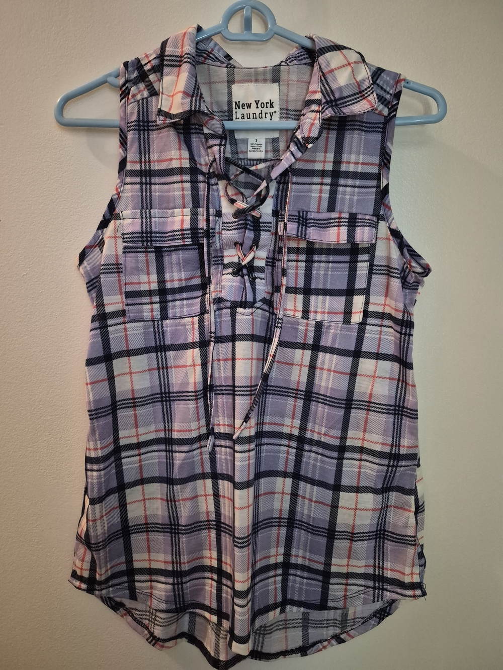 New York Laundry Lavender Plaid Lace-Up Sleeveless Shirt